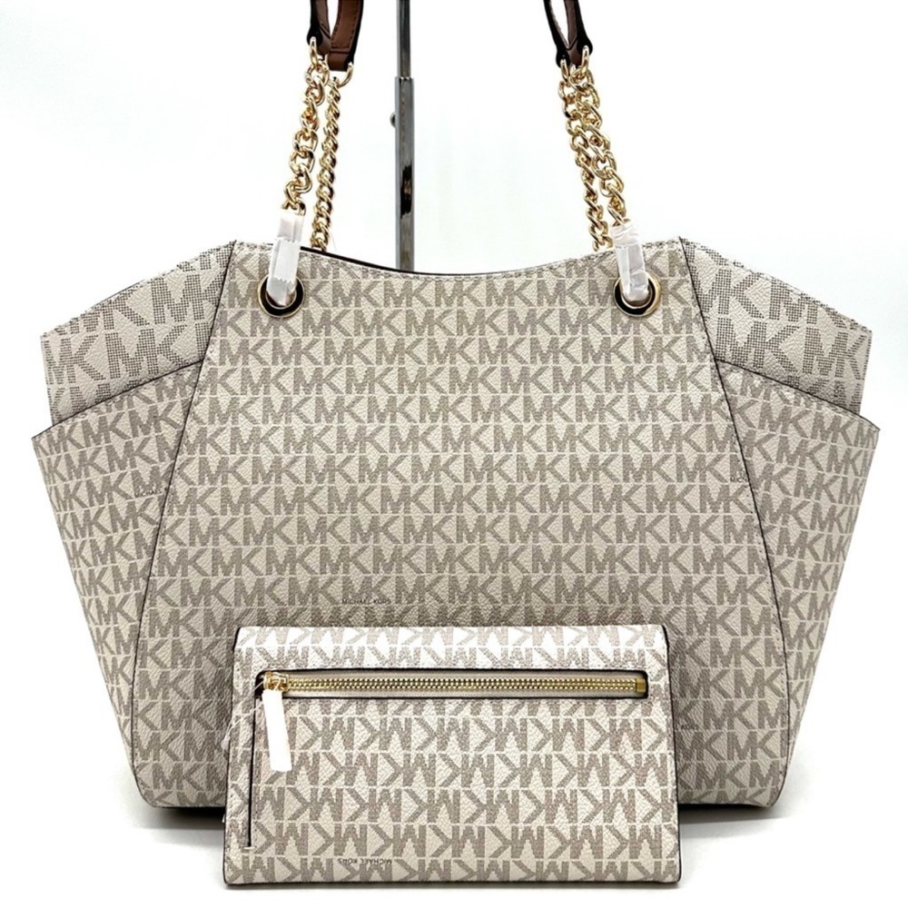 Michael Kors Large Jet Set Travel Chain Shoulder Bag & Trifold Wallet Vanilla - Picture 5 of 14